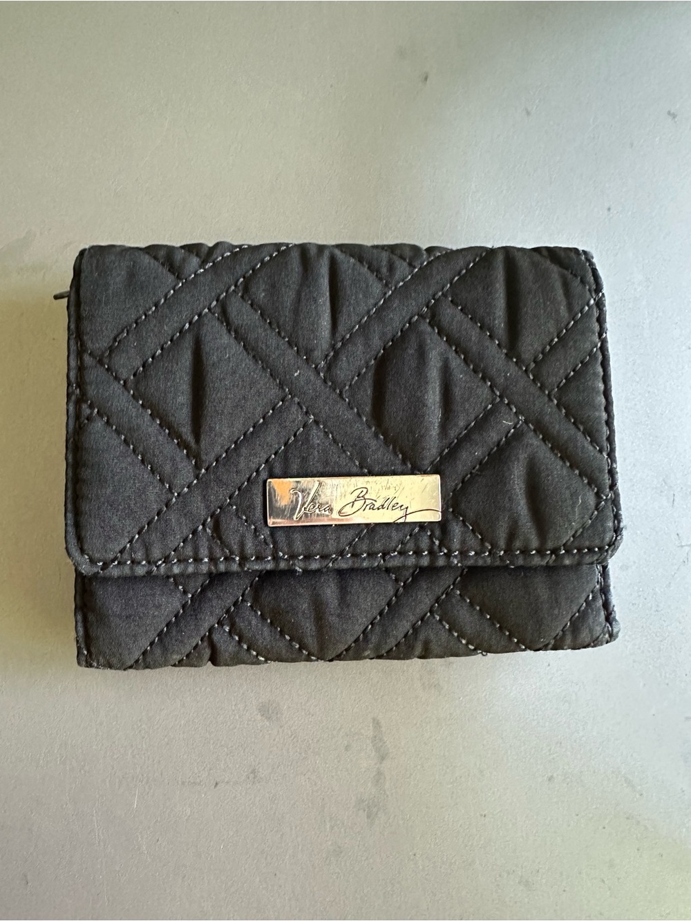 Vera Bradley Black Quilted Logo Tri-Fold Wallet Snap Closure ID Window - Picture 1 of 10